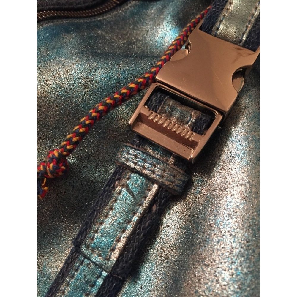 Free People Blue Denim Backpack with Metallic Aqua Front - Picture 3 of 8